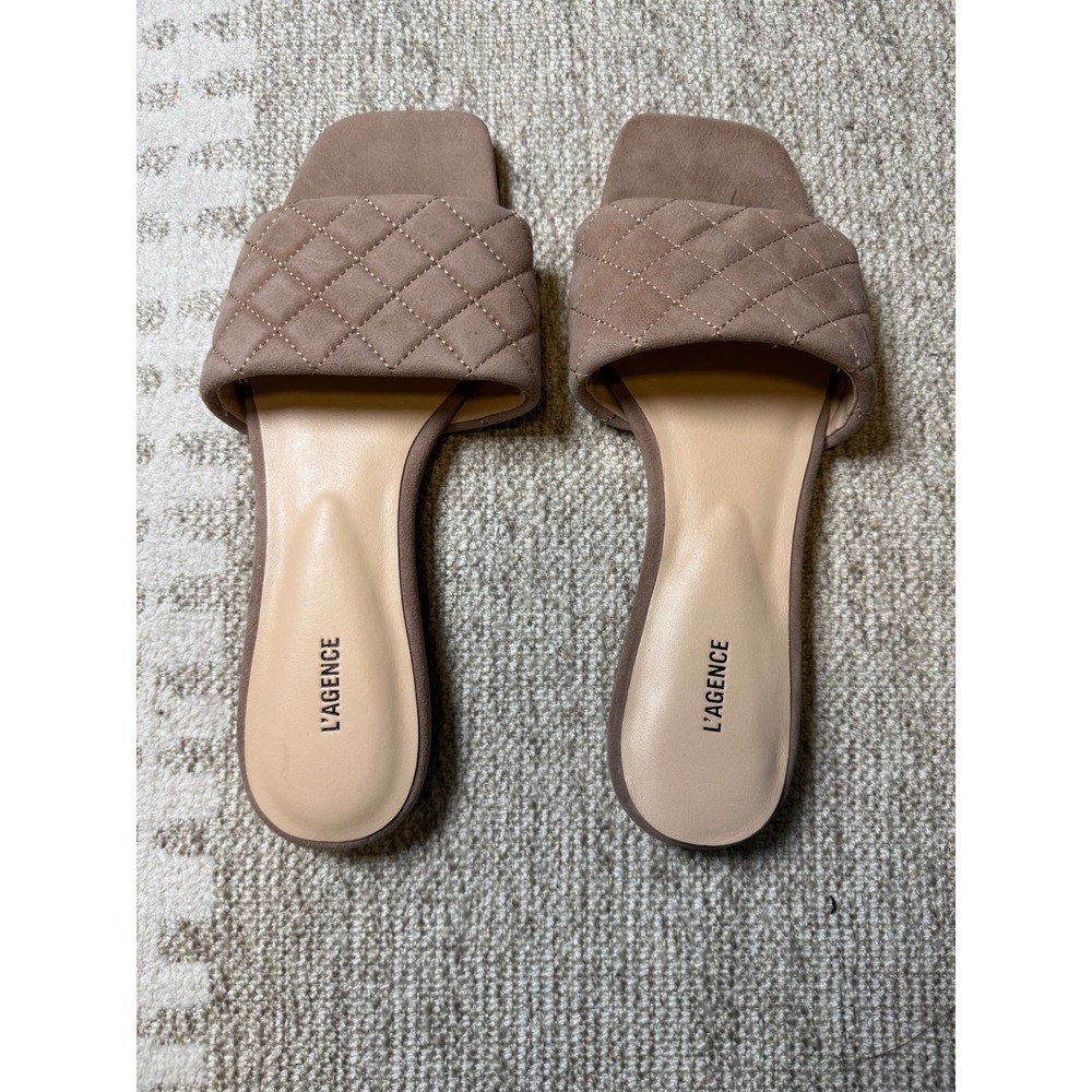 L'AGENCE Women Taupe Suede Quilted Square Toe Slide Sandals Size 8.5 Flat Shoes